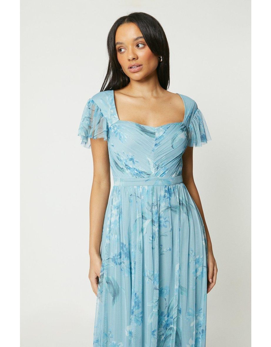 Debut London Floral Mesh Angel Sleeve Bridesmaids Maxi Dress - dusty blue - 3