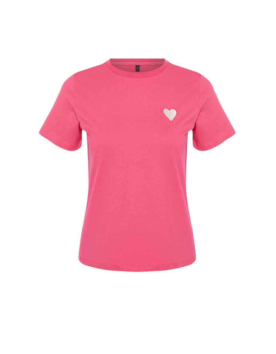 Pink 100 Cotton Leaf/Glossy Heart Embroidery Regular/Regular Fit Knitted T-Shirt - 7