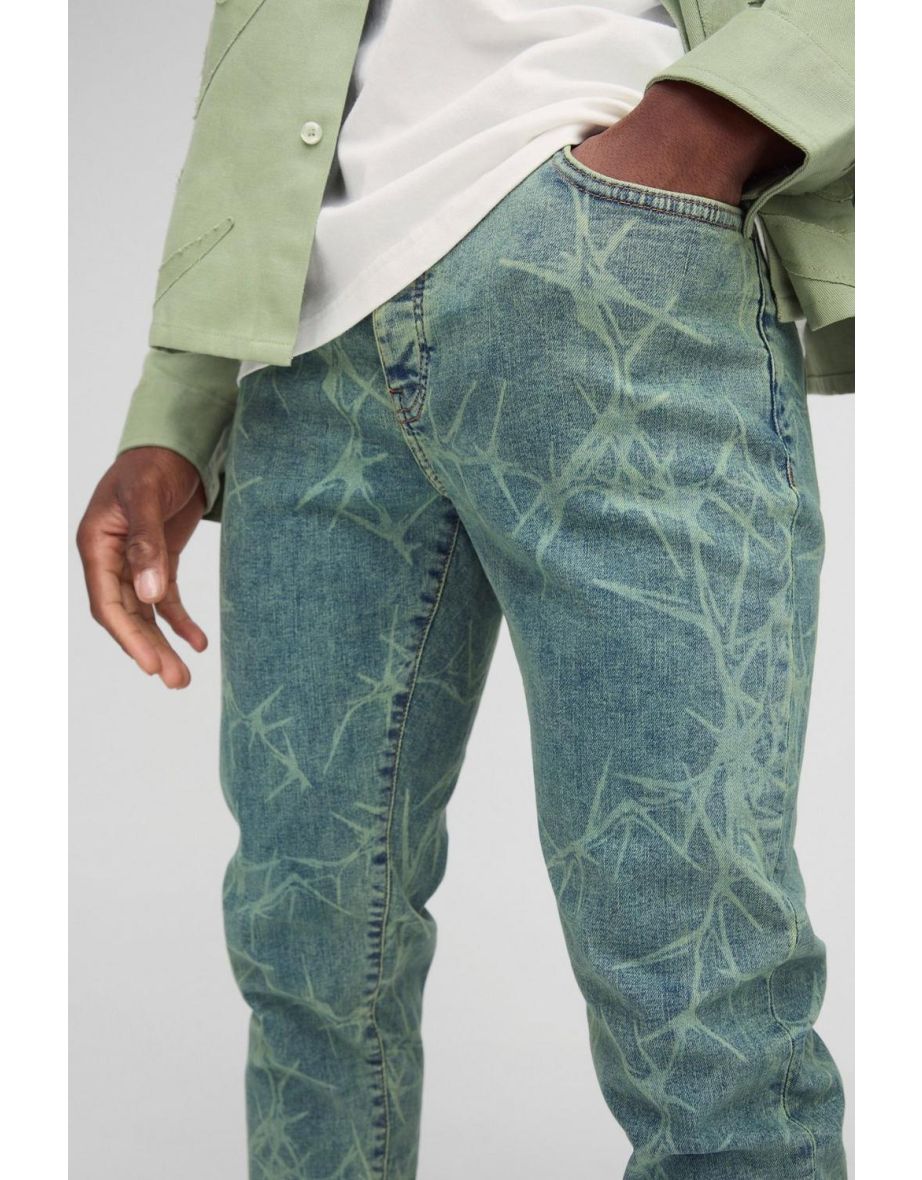 Skinny Stretch Stacked Barbed Wire Laser Print Jeans - antique blue - 2
