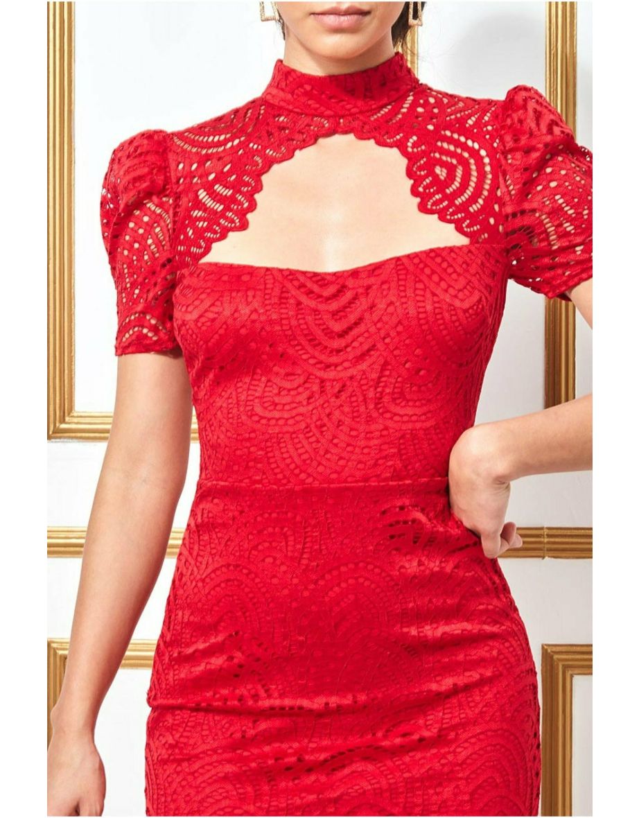 City Goddess Open Back Puffed Lace Top Mini - Red - 2