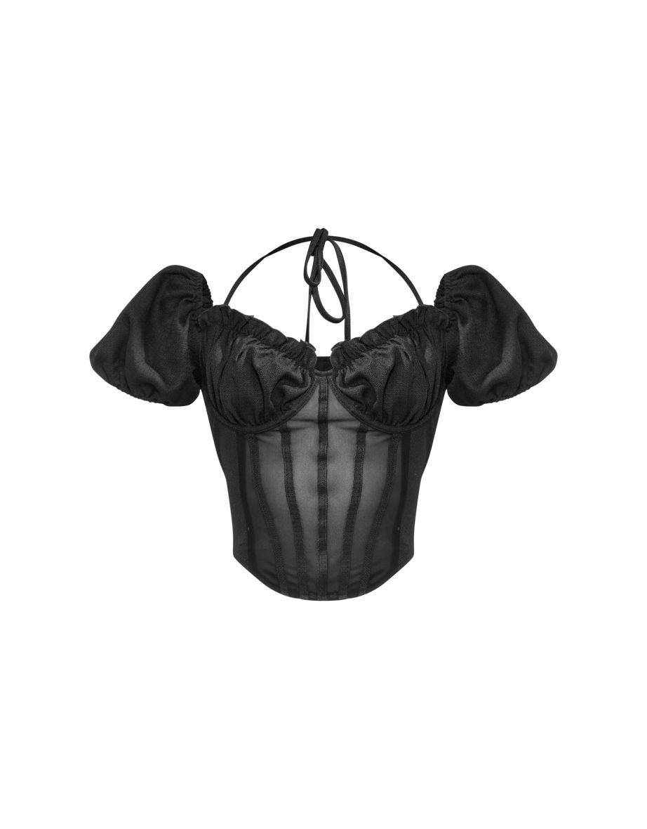 Black Halter Neck Bardot Sleeve Corset - 4