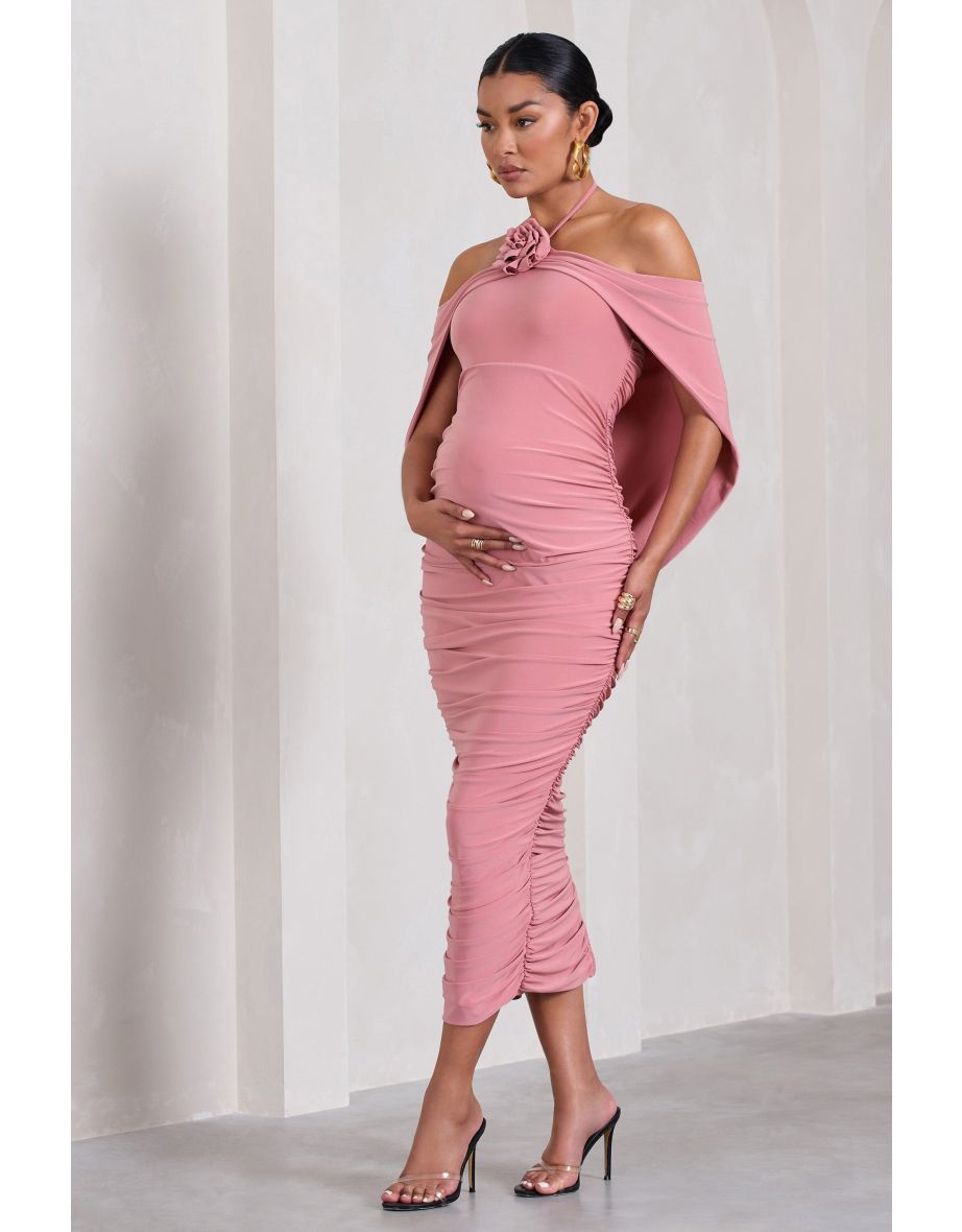 Daisy | Blush Pink Ruched Flower Halter-Neck Drape-Sleeve Maternity Dress - 4