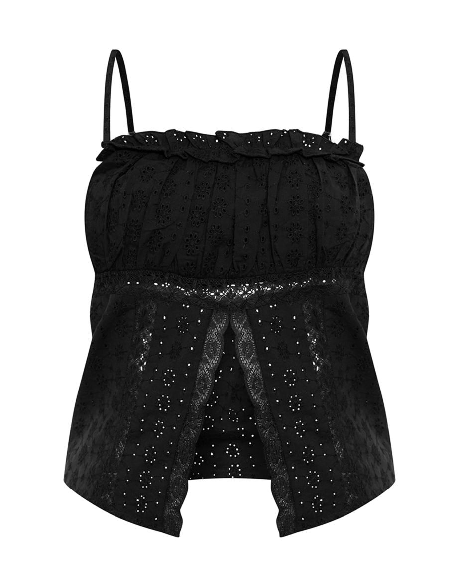 Black Lace Insert Split Front Cami Top - 4