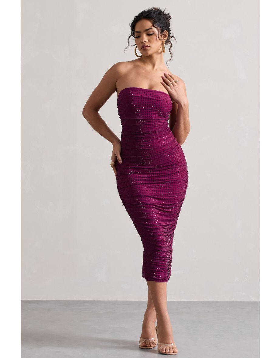 Astro | Dark Pink Embellished Bandeau Midi Dress - 5