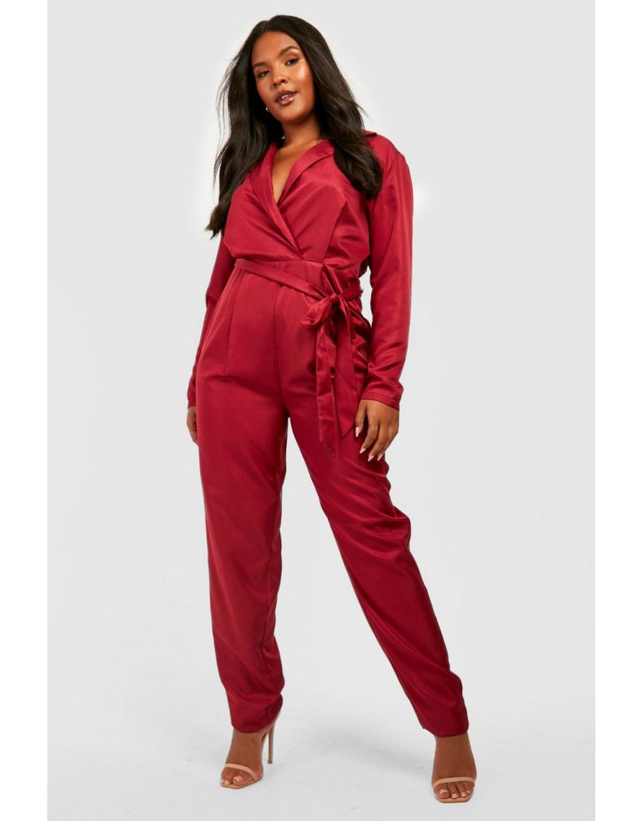 Plus Wrap Tapered Jumpsuit - berry
