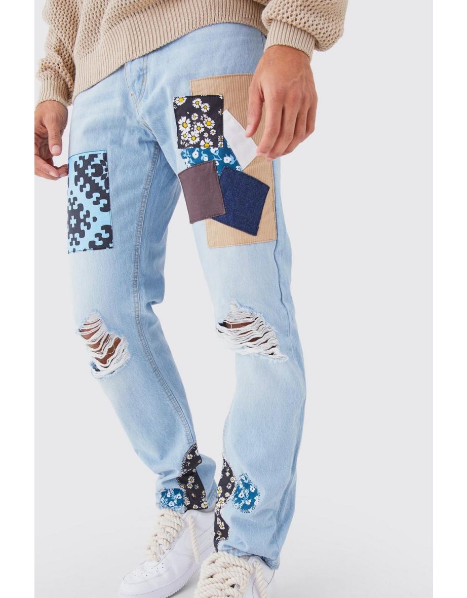 Relaxed Fit Mix Print Patchwork Jeans - ice blue