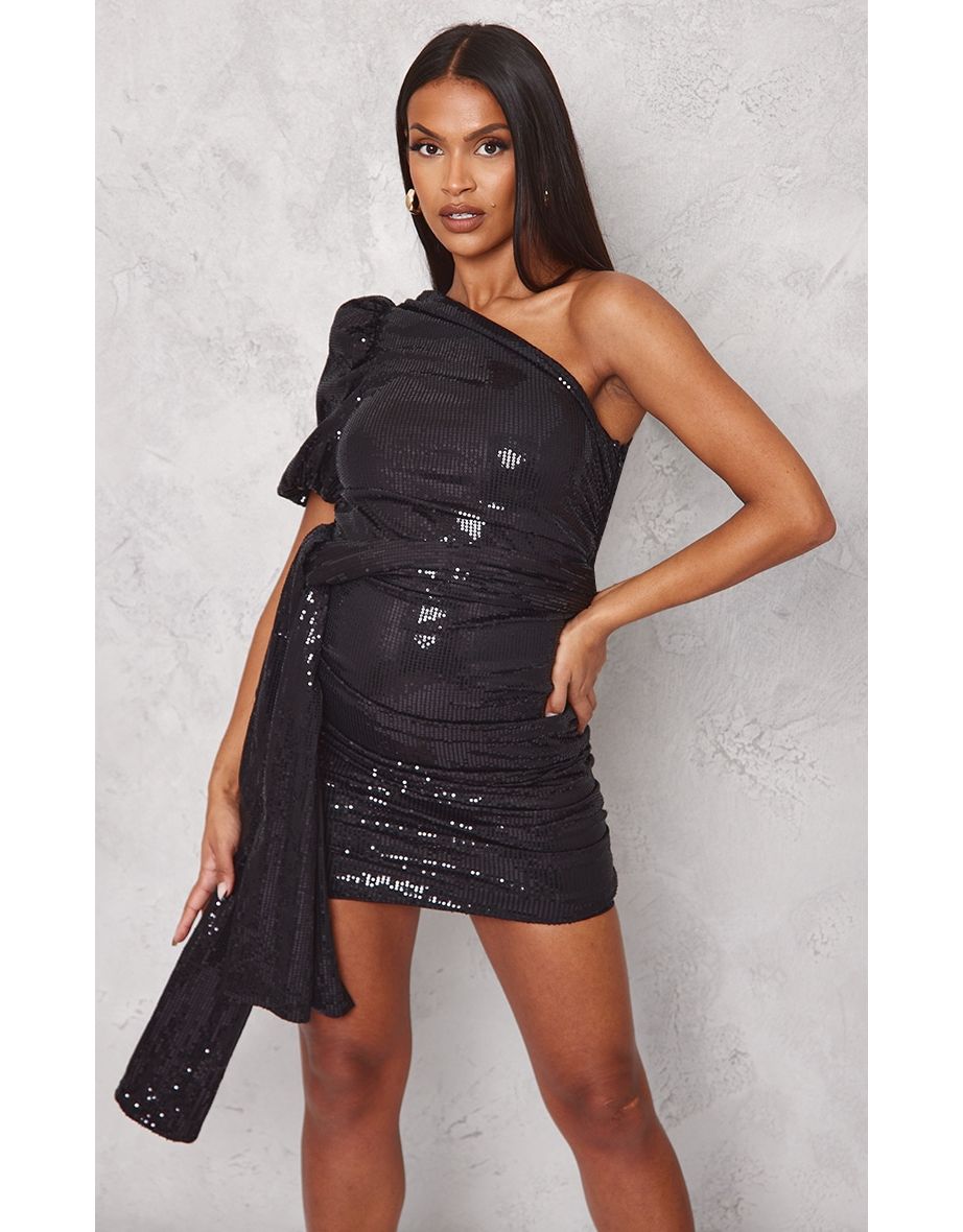Maternity Black Sequin One Shoulder Ruched Dress