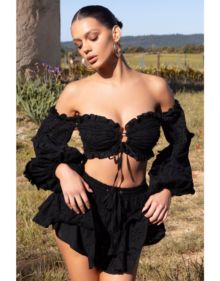 Postcard | Black Lace Bardot Puff-Sleeved Crop Top - 2