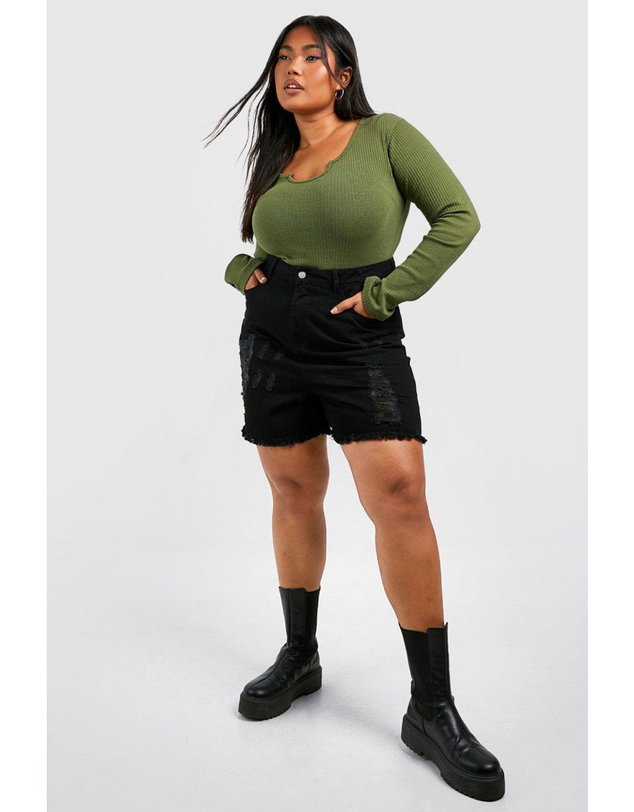 Plus Ripped Denim Shorts - black
