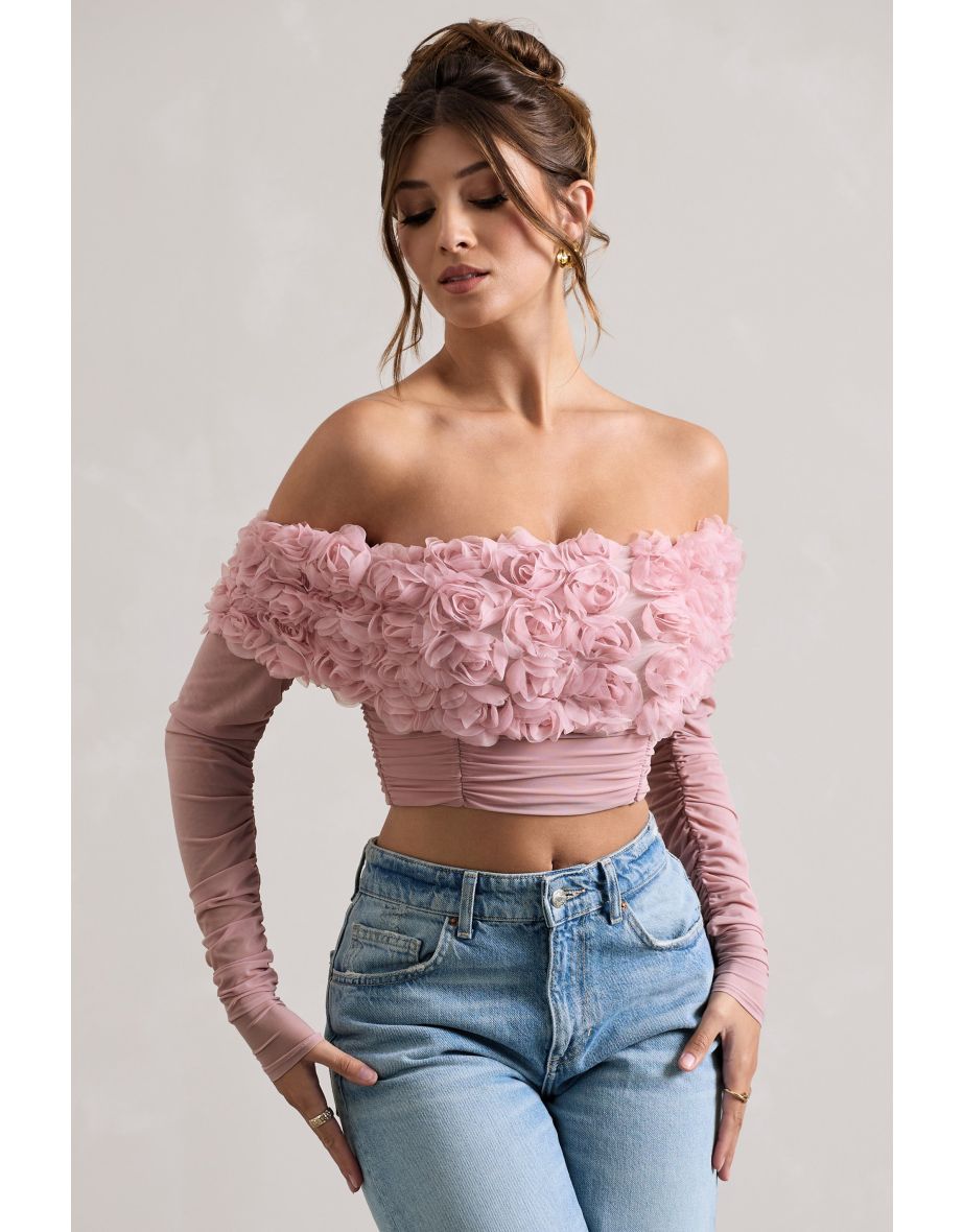 Libbie | Pink Mesh Floral Bardot Top - 4