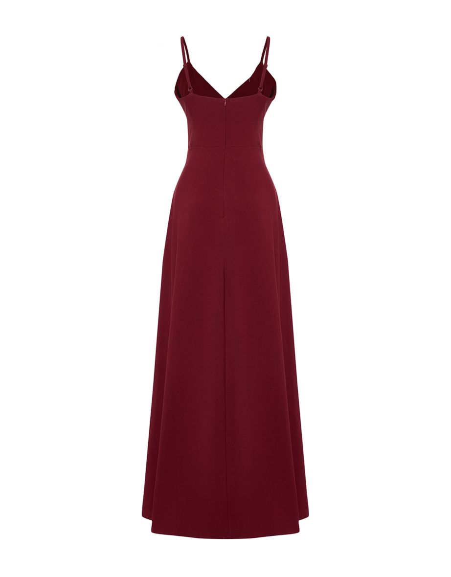 Burgundy Woven Long Elegant Evening Dress - 7