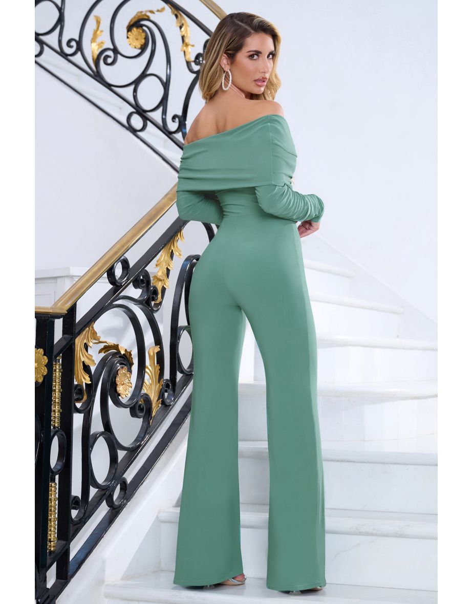 Hand On Heart | Duck Egg Twist Front Bardot Jumpsuit - 2