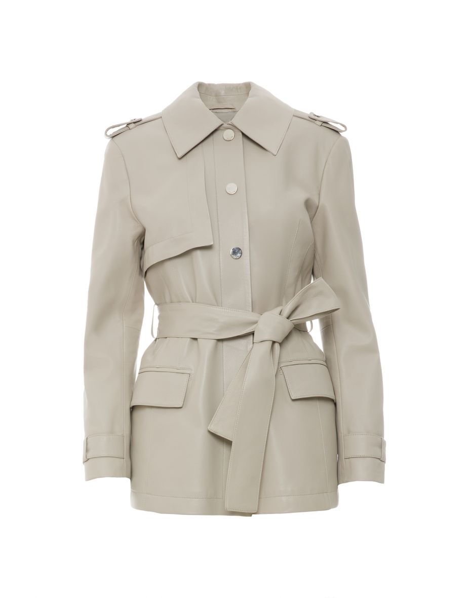 Beige Leather Jacket with Shoulder Epaulettes and Belt with Slit - 4