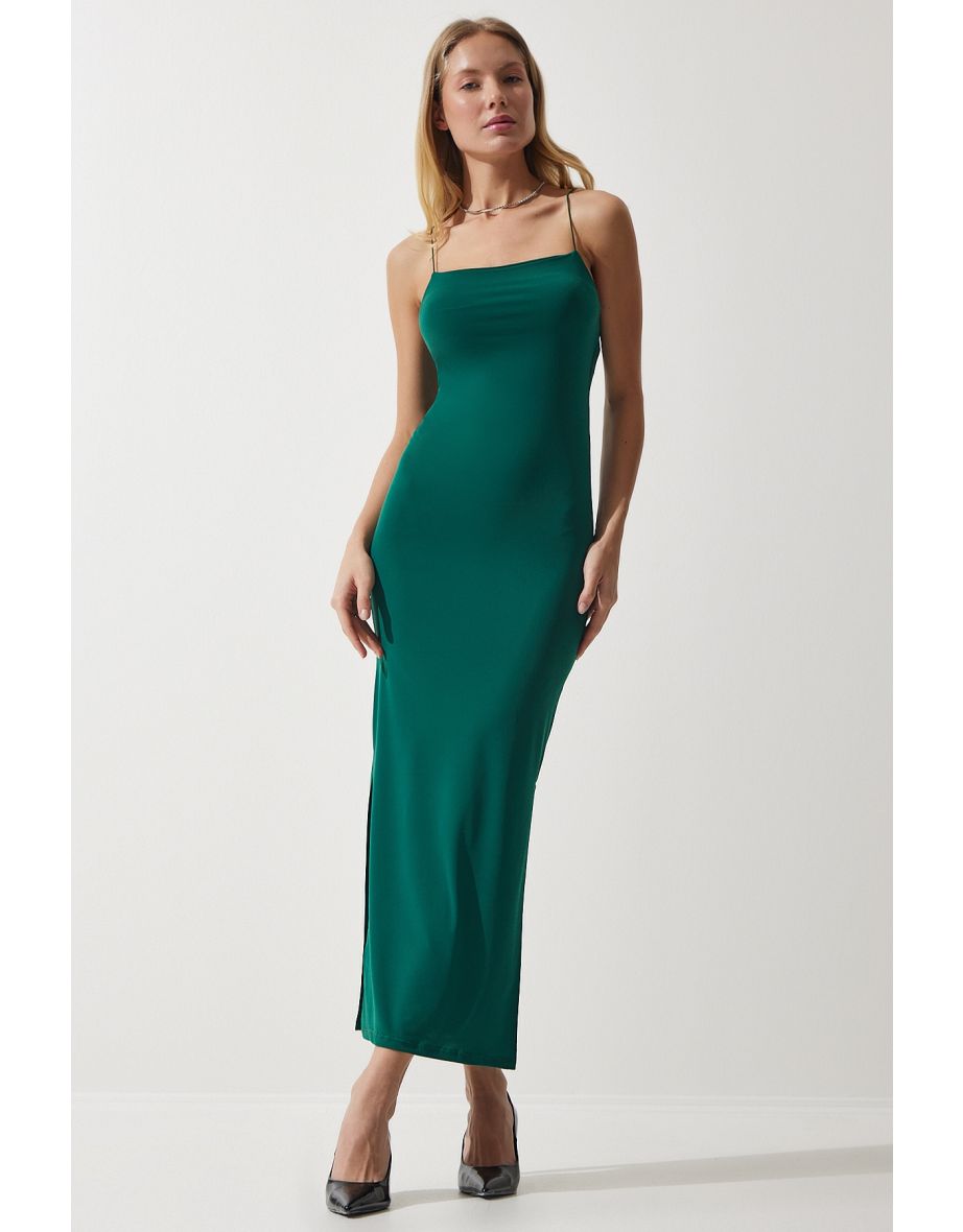 Women's Dark Green Rope Strap Slit Saran Sandy Dress