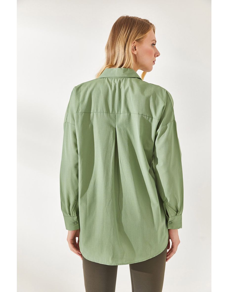 Mustard Green Sequin Detailed Woven Boyfriend Shirt - 5