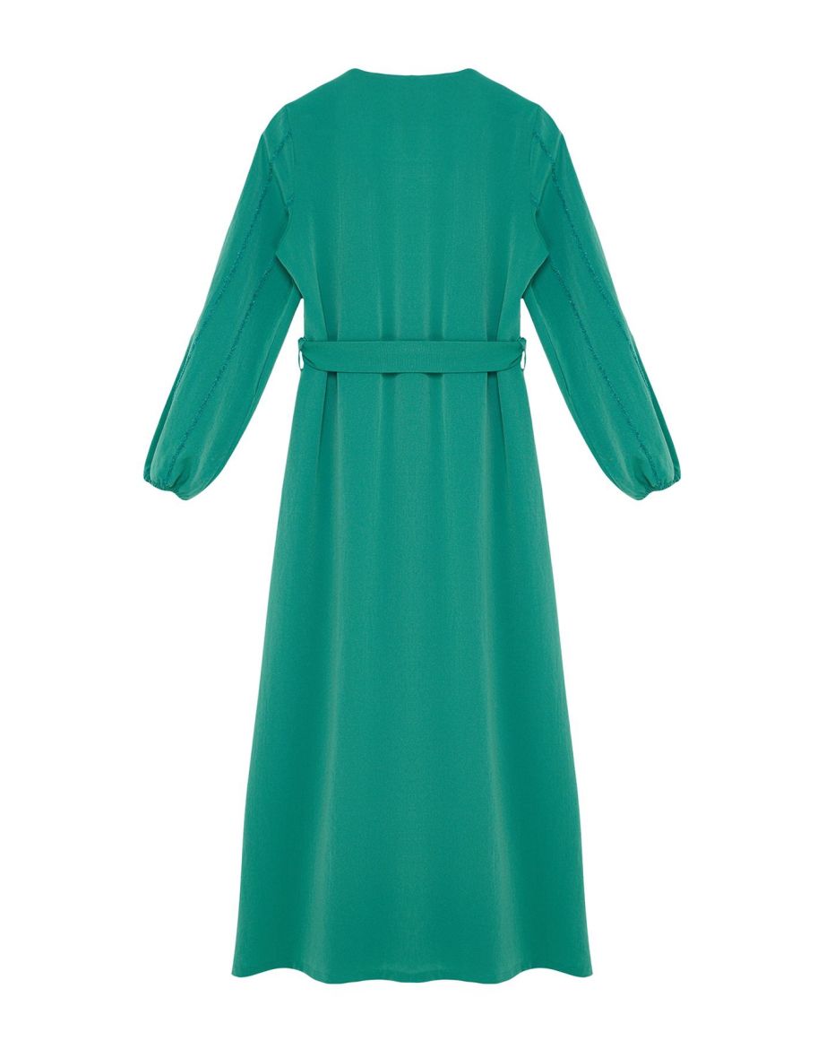 Emerald Green Glitter Detailed Woven Cap & Abaya & Abaya - 6