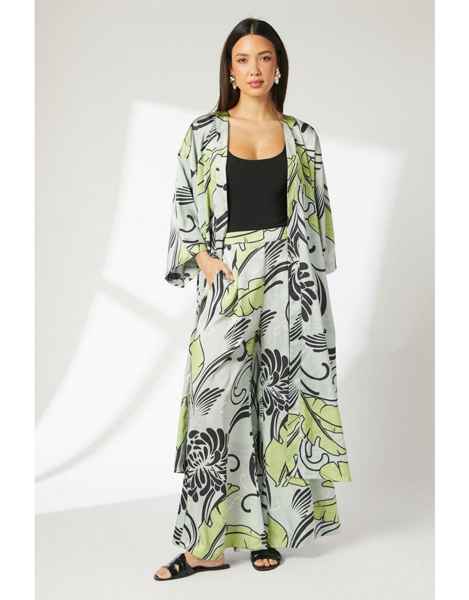Leaf Print Satin Wide Leg Trousers