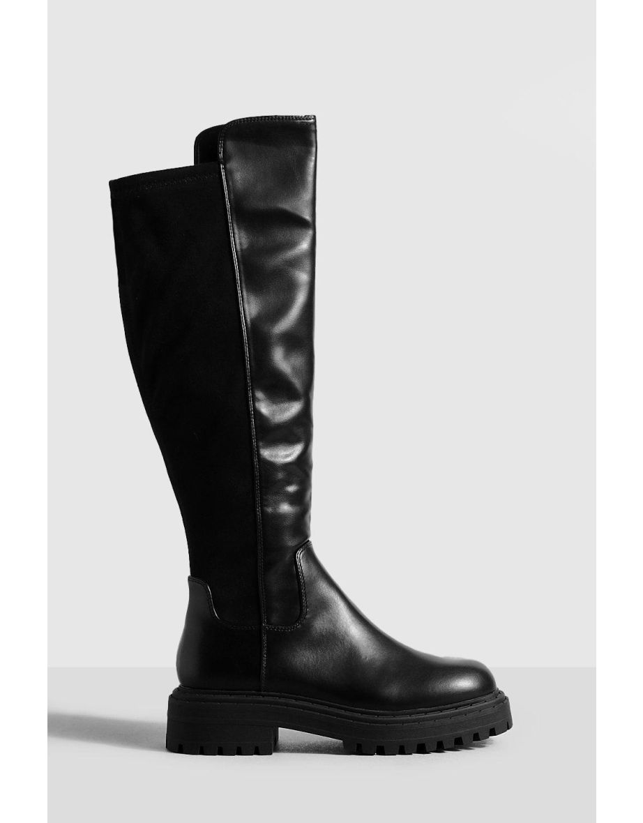 Stretch Back Chunky Knee High Boots - black