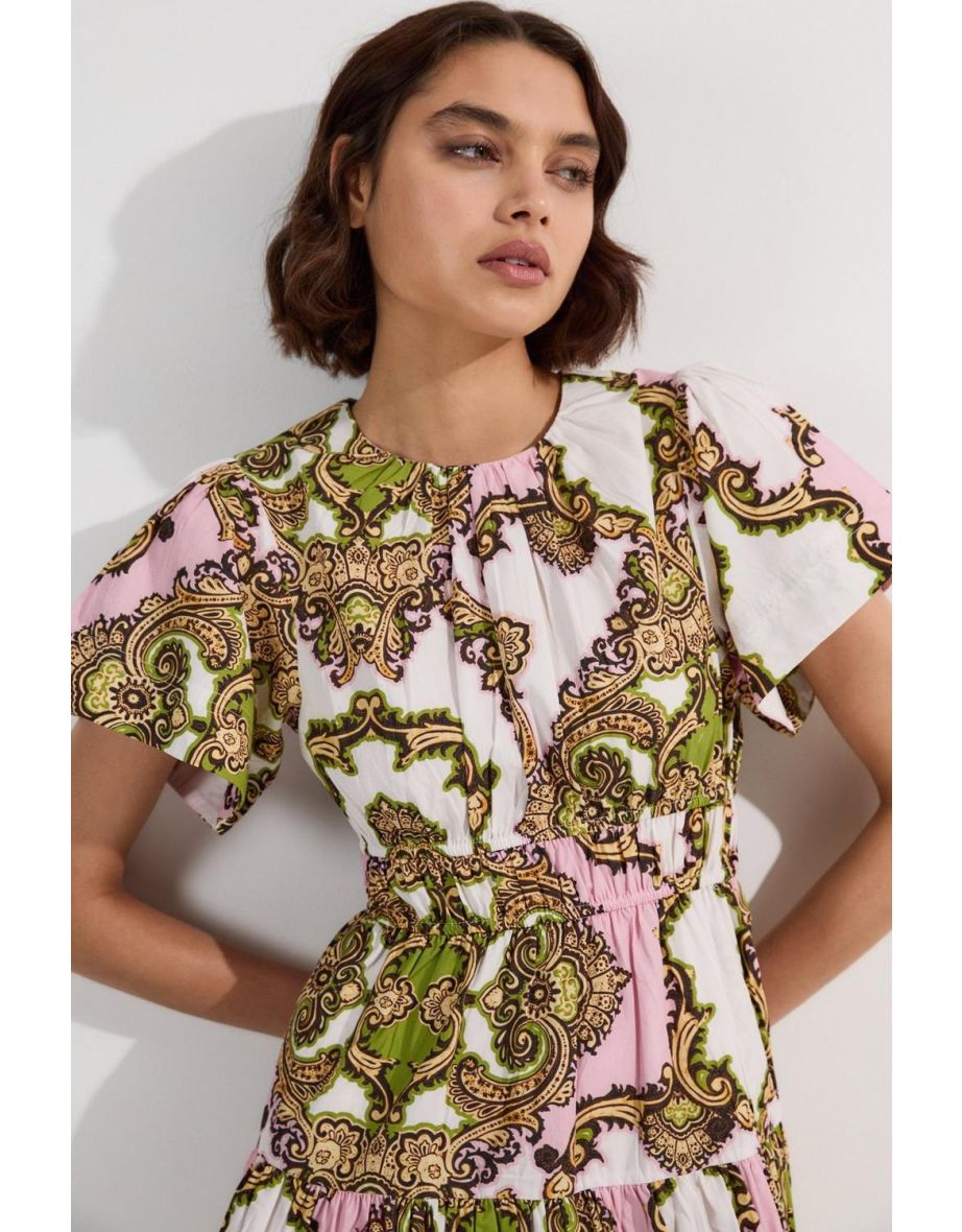 Tall Shirred Cotton Tiered Tile Print Woven Mini Dress - 2