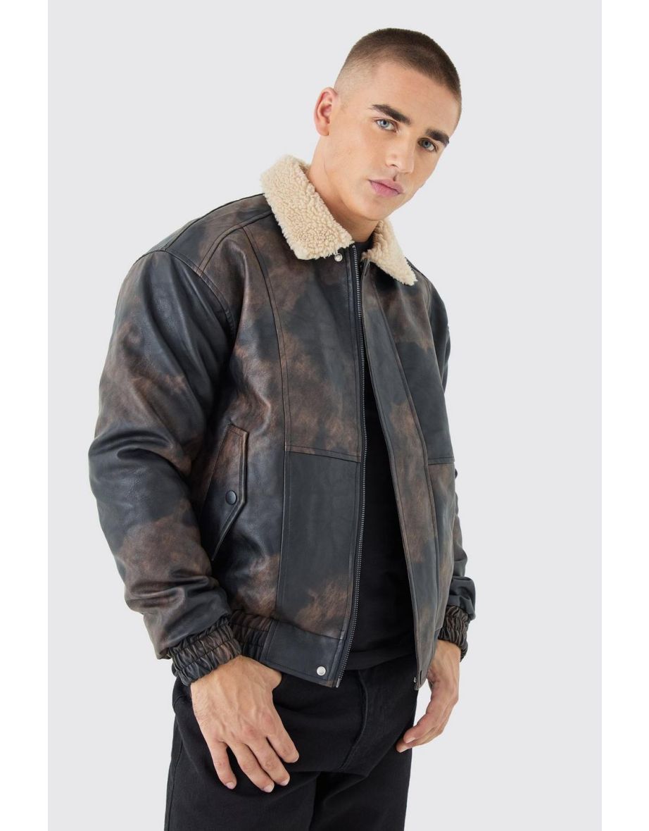 Shop Boxy Fit Washed PU Borg Collar Bomber Jacket In Brown brown Online in Qatar VogaCloset