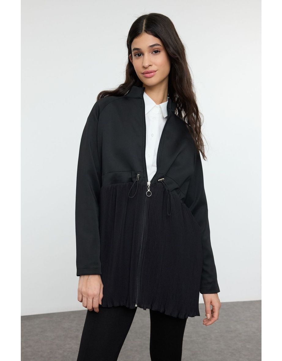 Black Diver/Scuba Pleated Zippered Woven Tunic - 4
