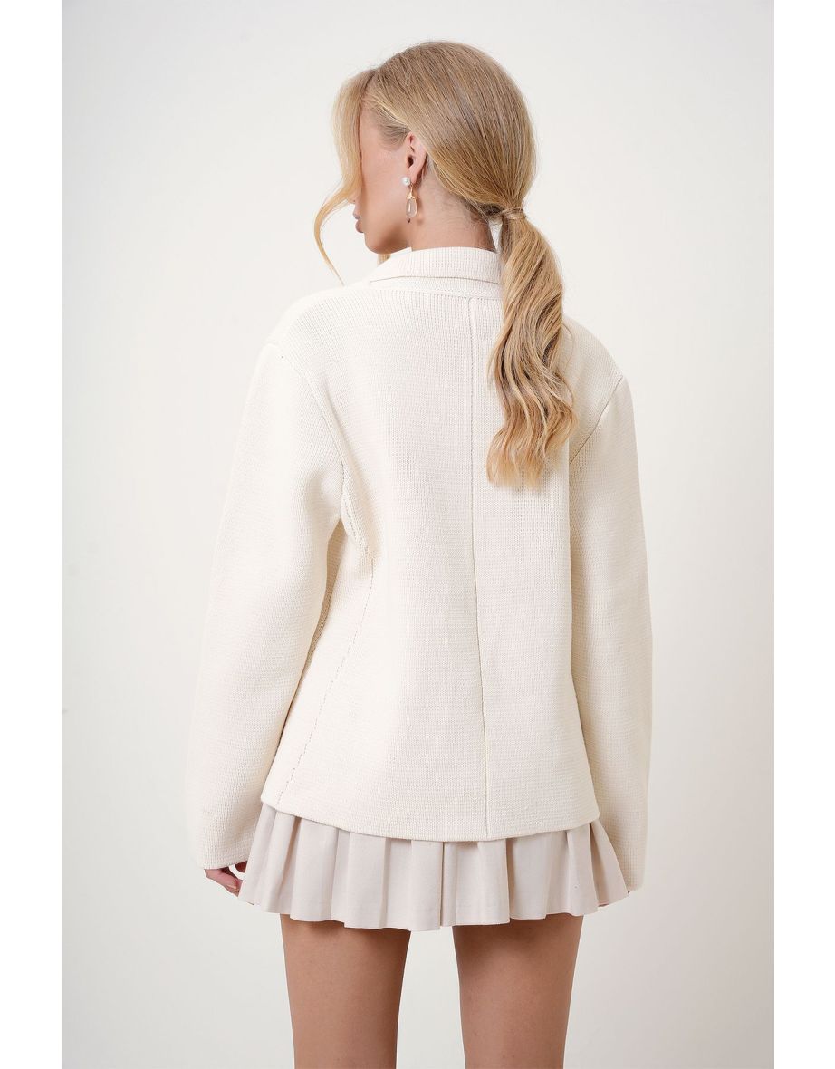 Women's Cream Pearl Buttoned Stitch Detailed Woven Knitwear Jacket - 5