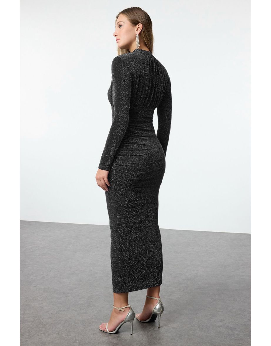 Anthracite Low-Cut Detail Woven Stylish Evening Dress - 4