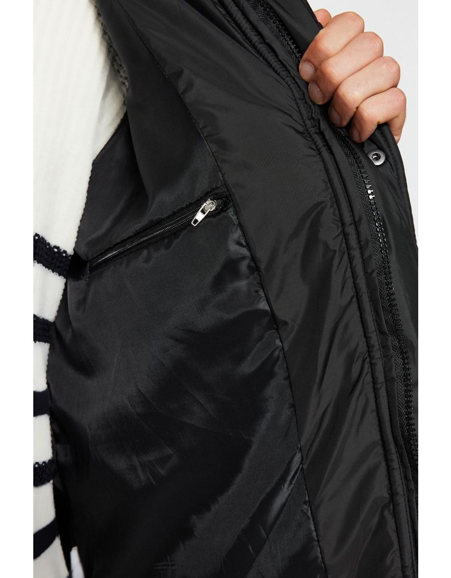 Black Oversize Fit Hooded Water and Wind Resistant Lightweight Quilted Coat - 7