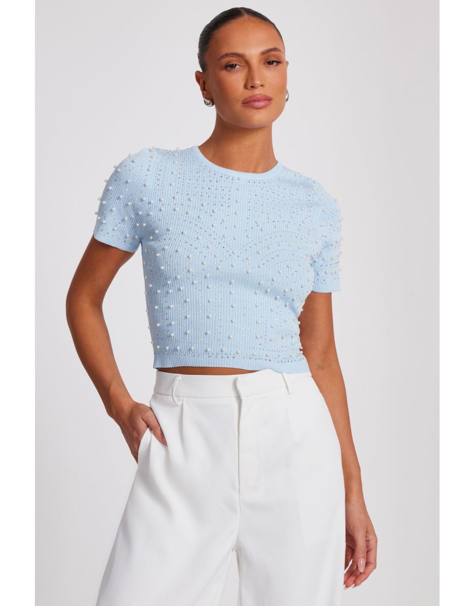 Blue Knit Embellished Crop Top