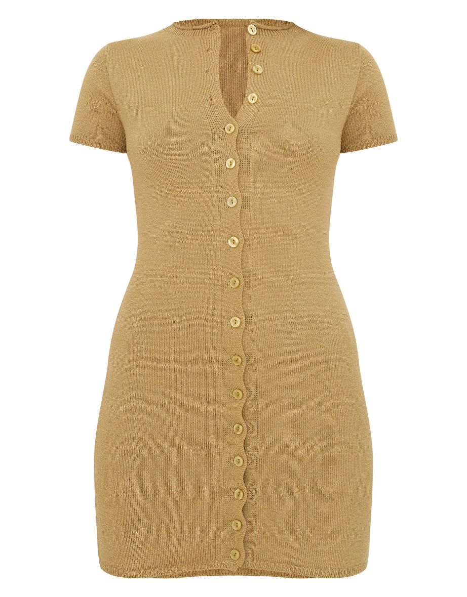 Khaki Soft Knit Button Through Mini Dress - 4