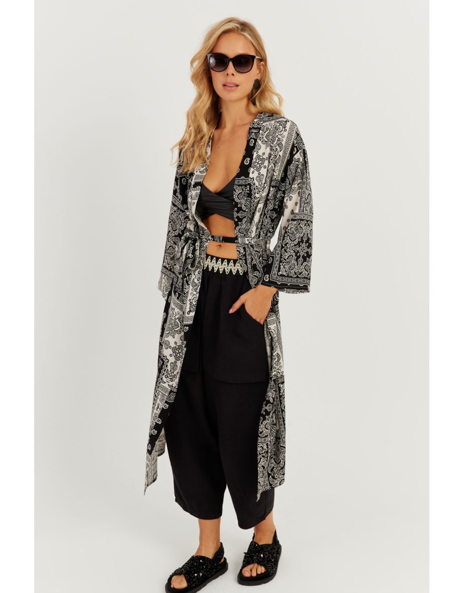 Women's Black-Ecru Patterned Kimono - 8