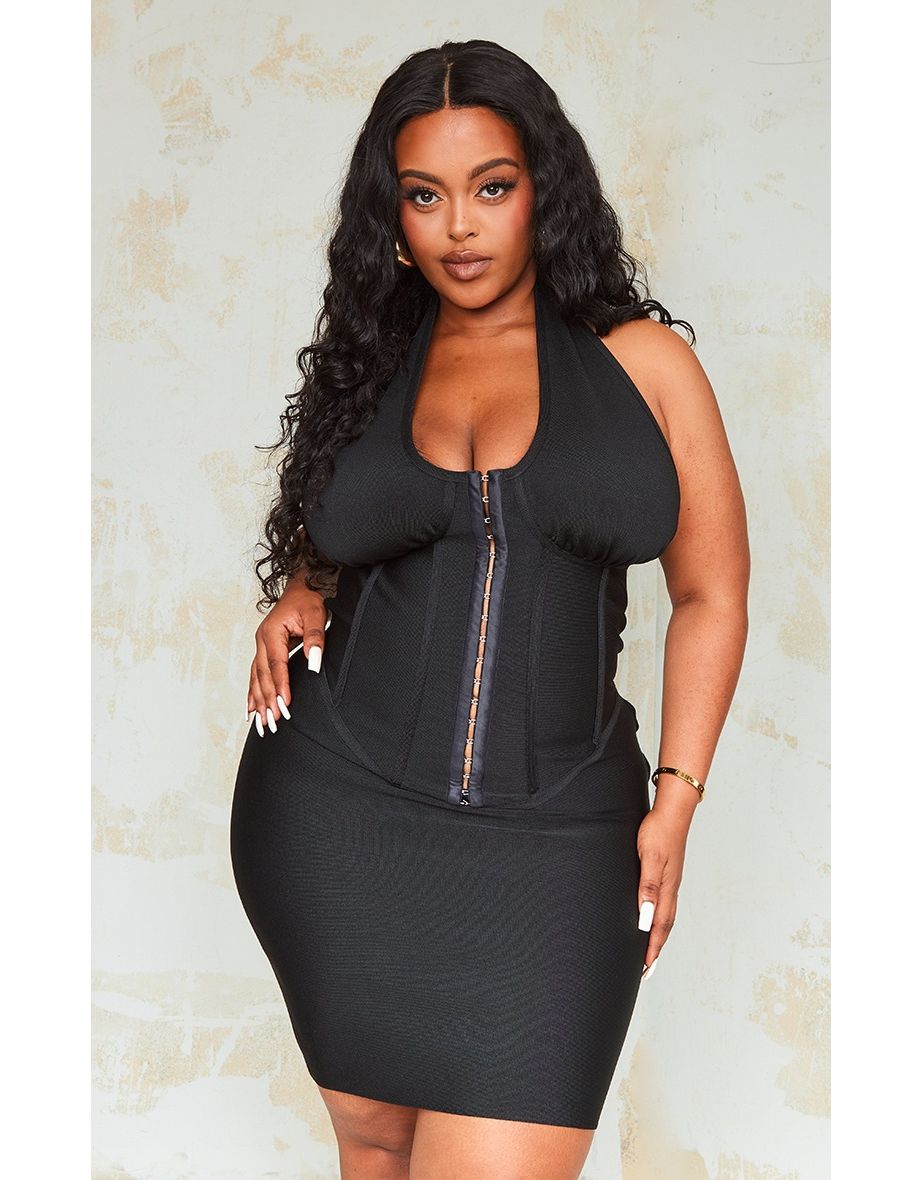 Shop Plus Black Bandage Plunge Corset Bodycon Dress Online in Qatar VogaCloset