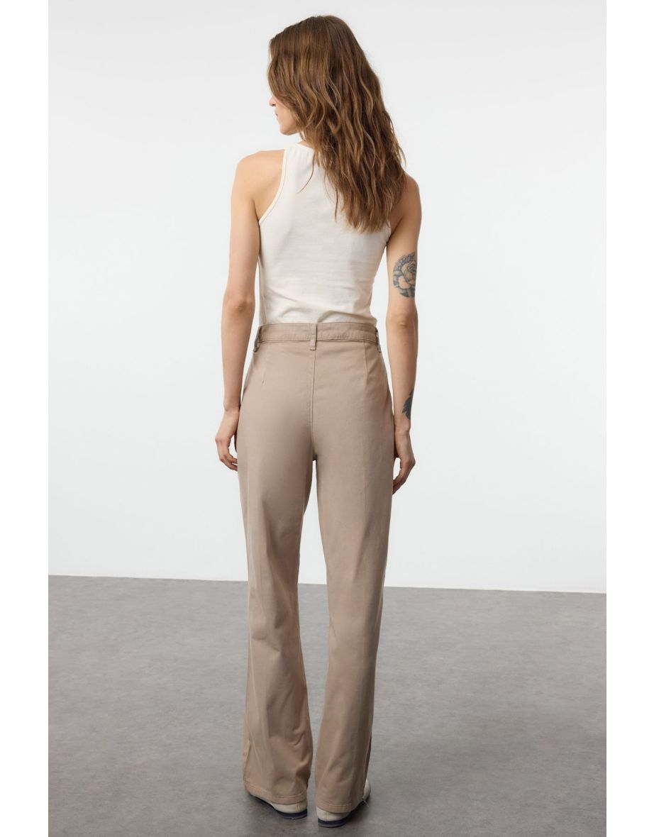 Mink Stitch Detailed High Waist Wide Leg Trousers - 4
