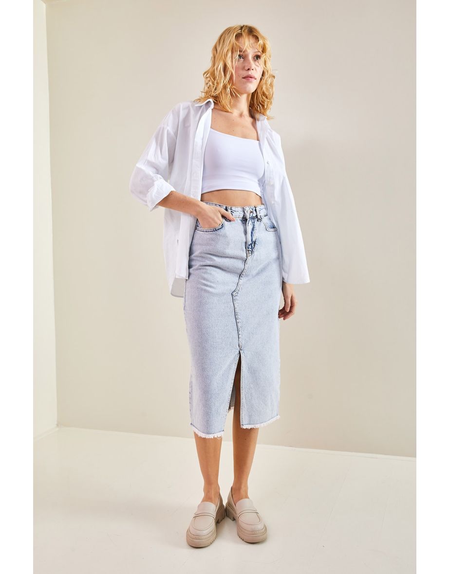 Women's Laser Cut Slit Denim Skirt - 3