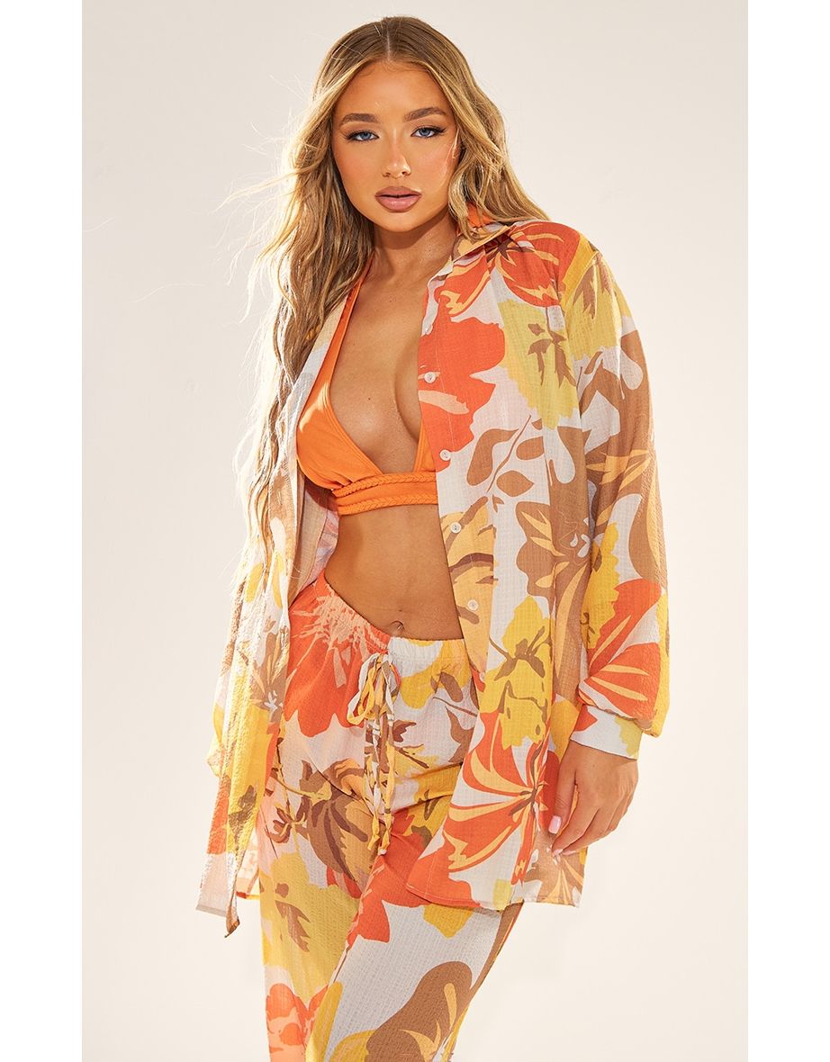 Orange Floral Print Crinkle Textured Oversized Beach Shirt