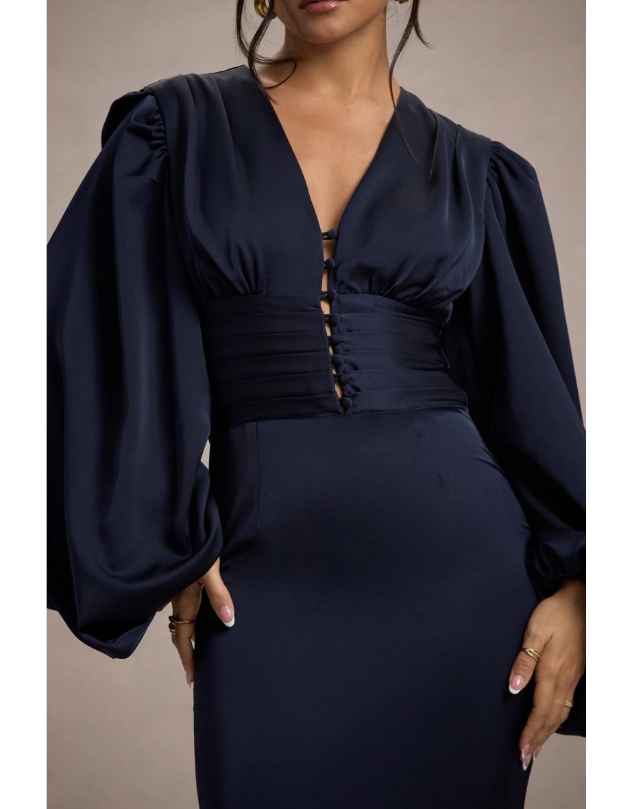 Helsinki | Navy Satin V-Neck Balloon Sleeve Maxi Dress - 6