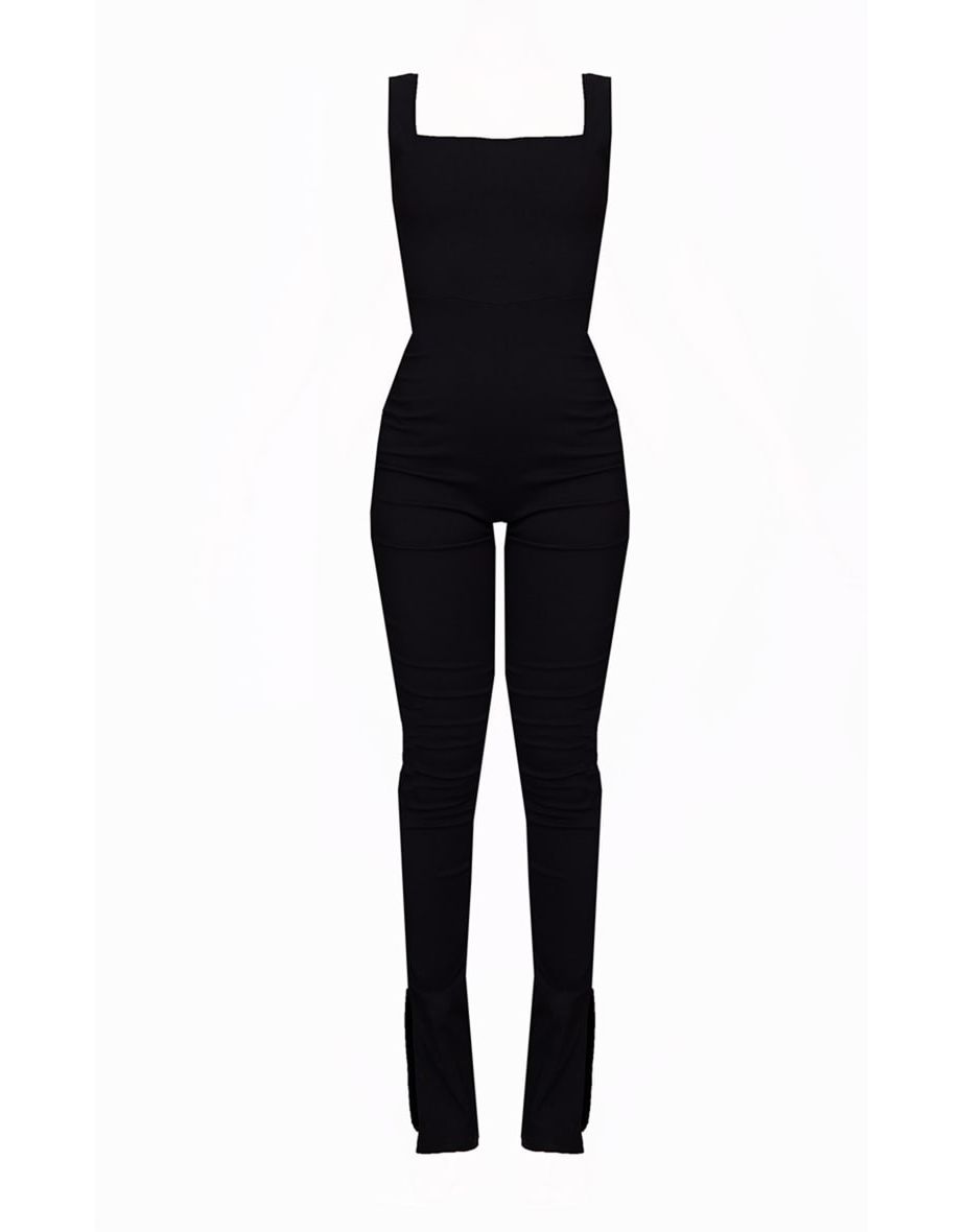 Black Square Neck Thick Strap Stretch Woven Jumpsuit - 4