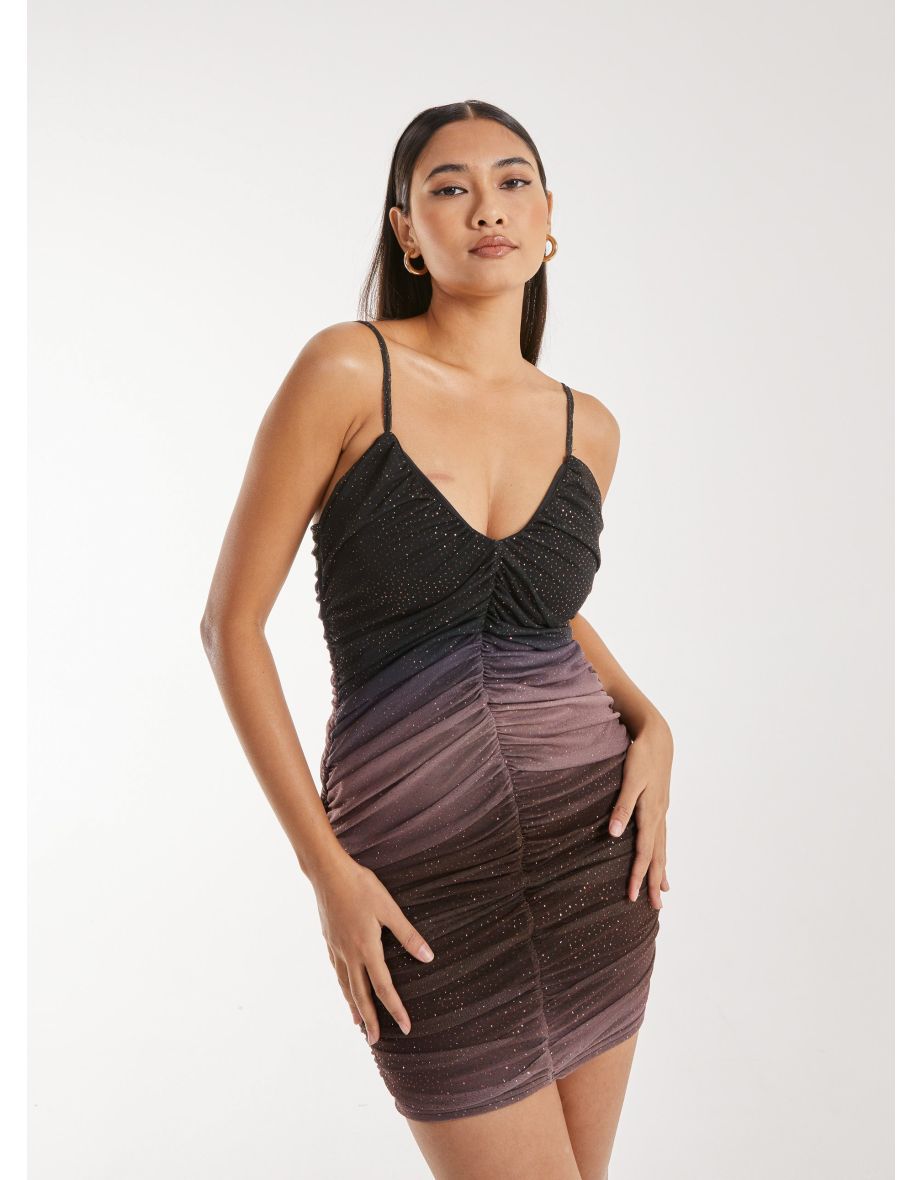 Strappy Ruched Sparkle Ombre Mini Dress - 3