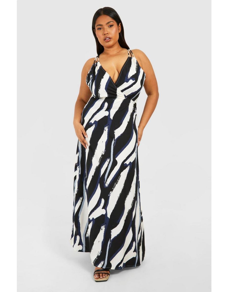 Plus Woven Zebra Print Strappy V Neck Maxi Dress - mono