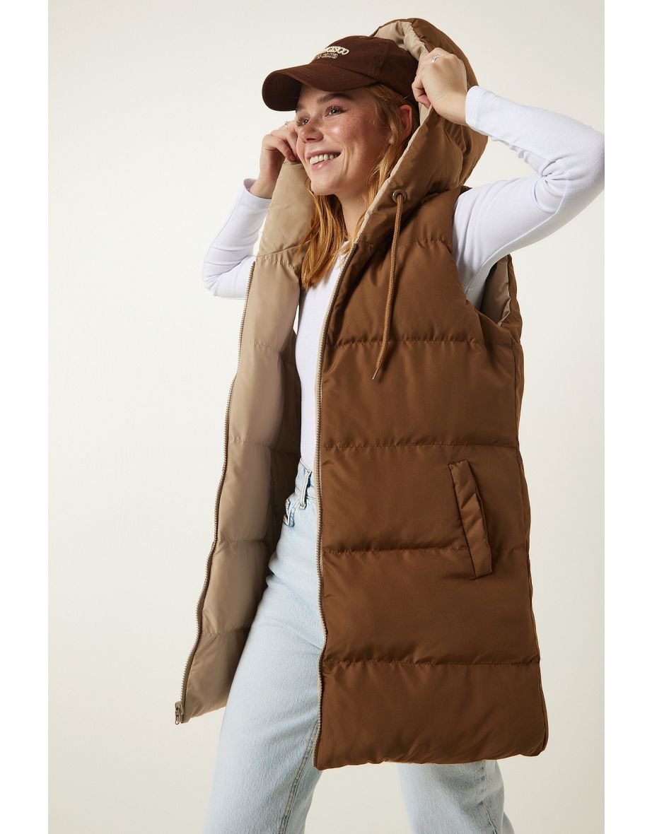 Women's Beige Camel Hooded Reversible Puffer Vest