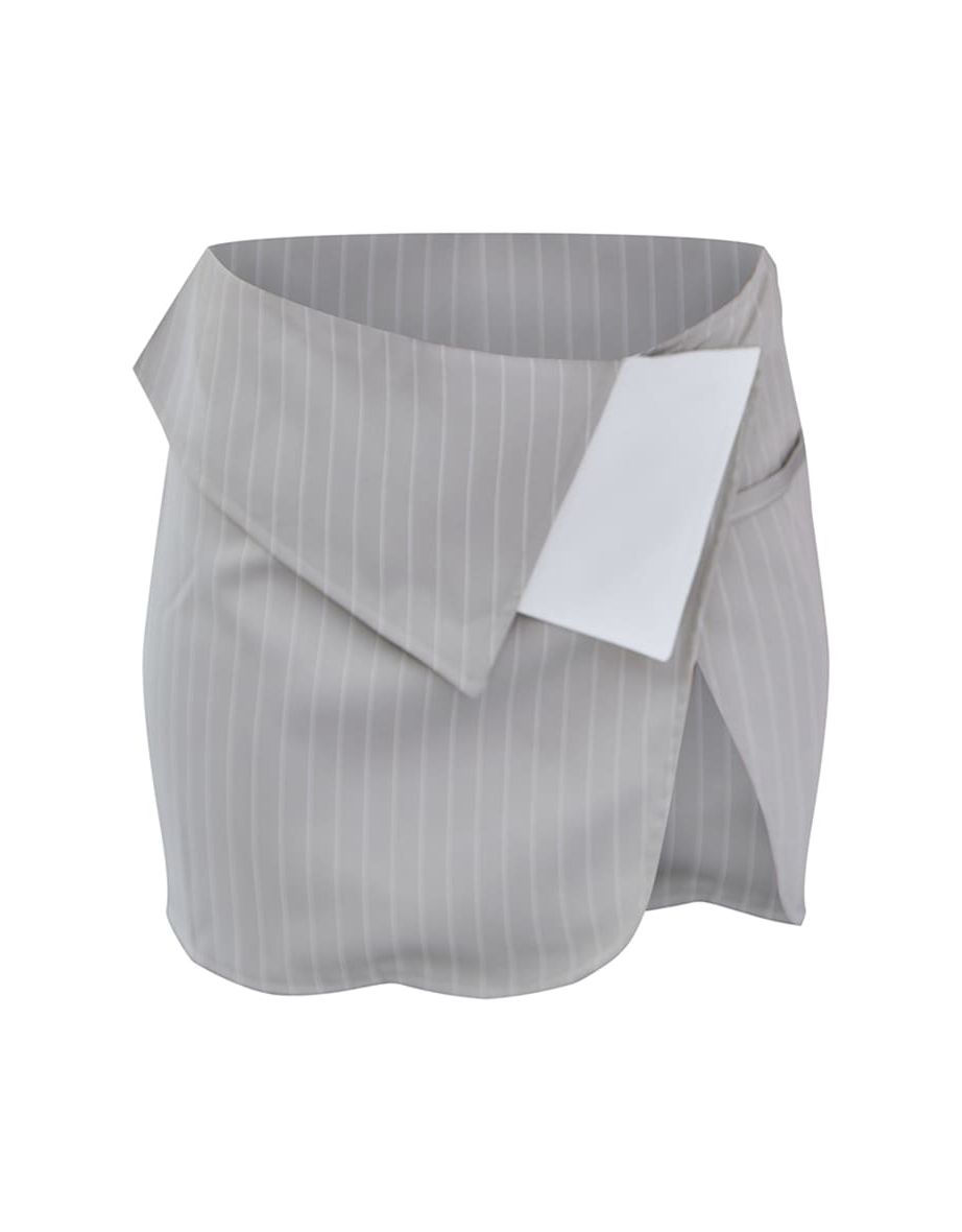 Light Grey Pinstripe Foldover Split Mini Skirt - 5