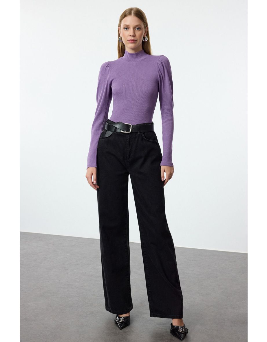 Lilac Fitted High Collar Balloon Sleeve Ribbed Stretchy Knitted Top