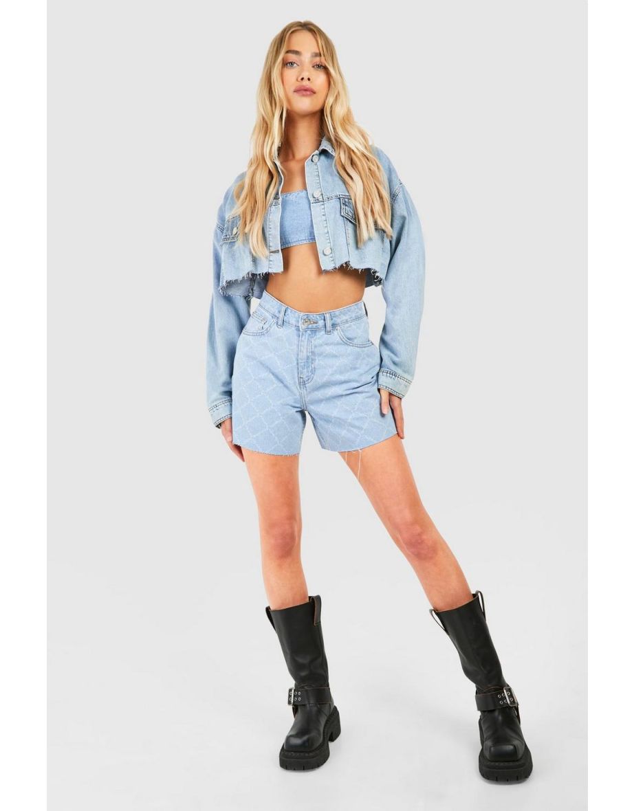 Raw Hem Laser Cut Denim Shorts - light blue