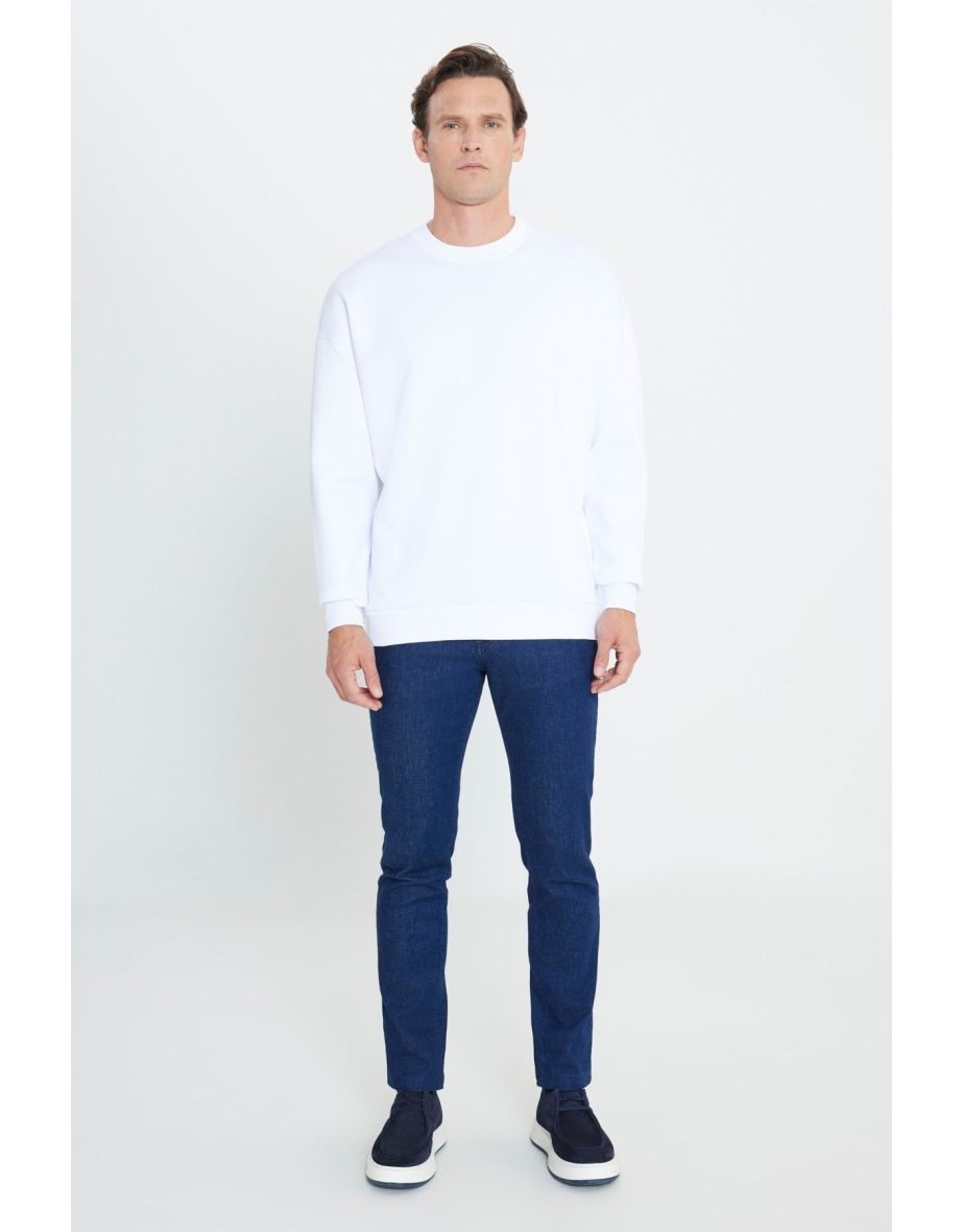 Men's White Oversize Fit Loose Fit Cotton Fleece Inner 3 Thread Crew Neck Sweatshirt
