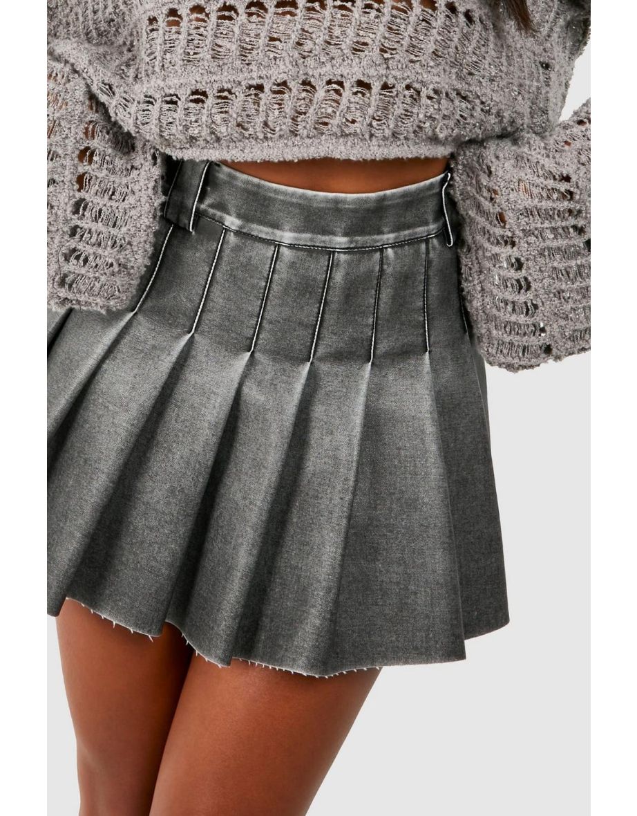 Vintage Look Faux Leather Pleated Tennis Skirt - grey - 3