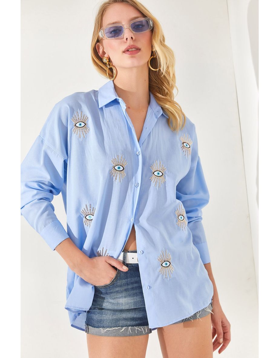 Bebe Blue Sequin Detailed Woven Boyfriend Shirt