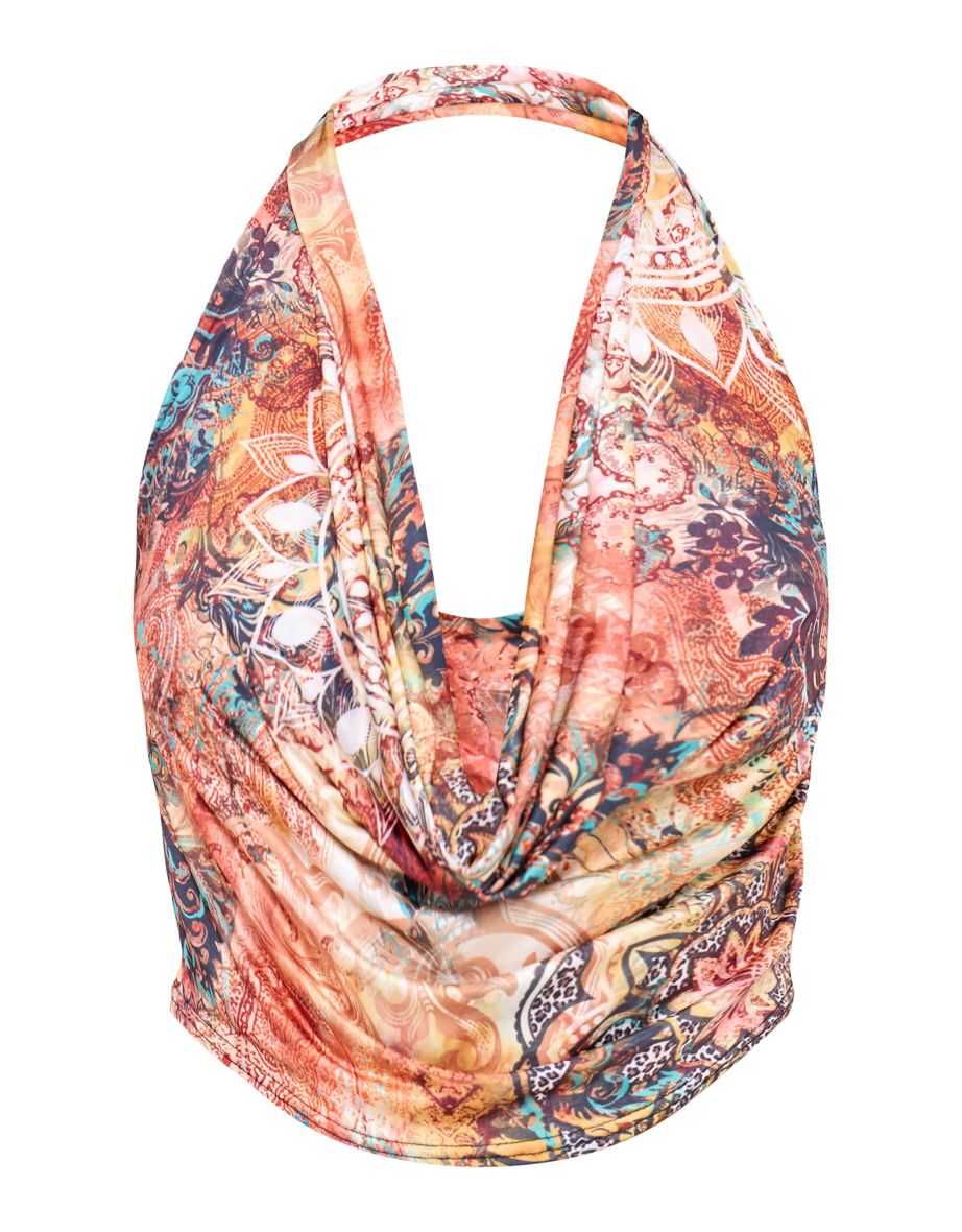 Brown Printed Cowl Neck Top - 4