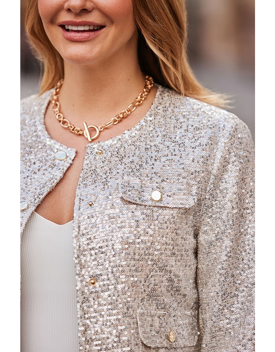 Champagne Gold Pocket Detail Luxe Sequin Jacket - 4