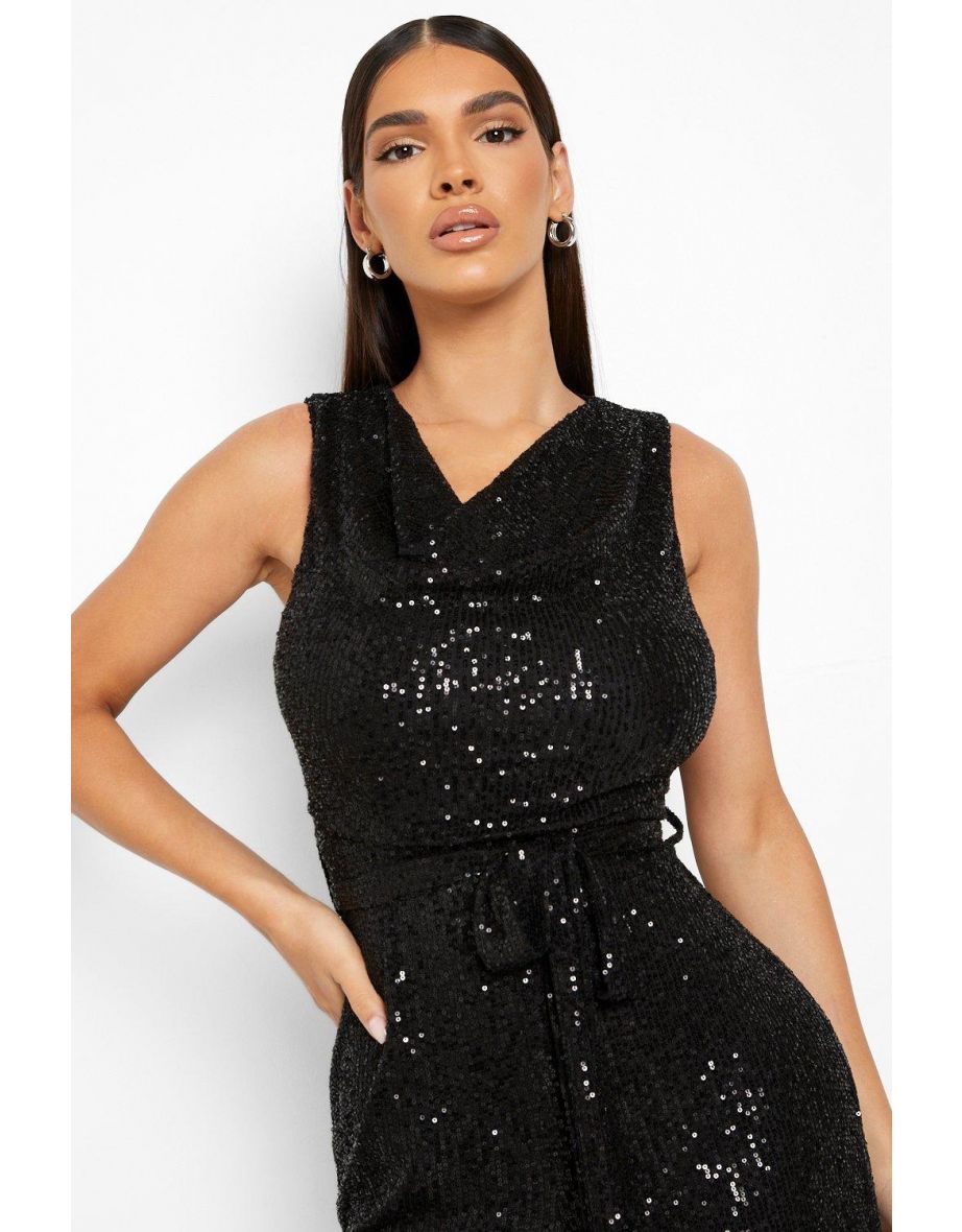 Sequin Cowl Neck Belted Culotte Jumpsuit - black - 3