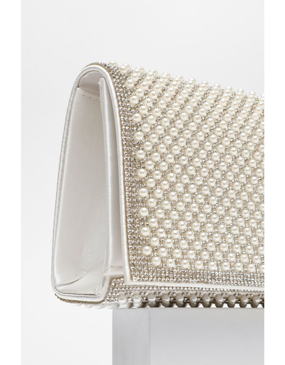 Bridal White Pearl Embellished Clutch Bag - 4